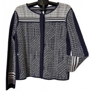 NIC AND ZOE KNIT JACKET L CARDIGAN SWEATER SNAP FRONT POCKETS FOREFRONT GEO NWOT